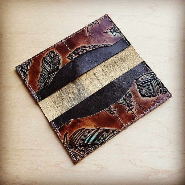 Embossed Leather Wallet Turquoise Feather
